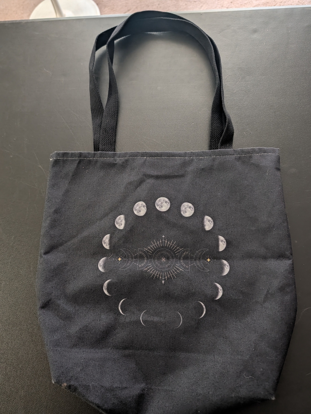 Black Canvas Tote with Moon Phase Graphic